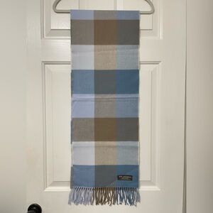 Made in Scotland 100% cashmere Plaid  Scarf in Blue and Brown 68”long 12”wide